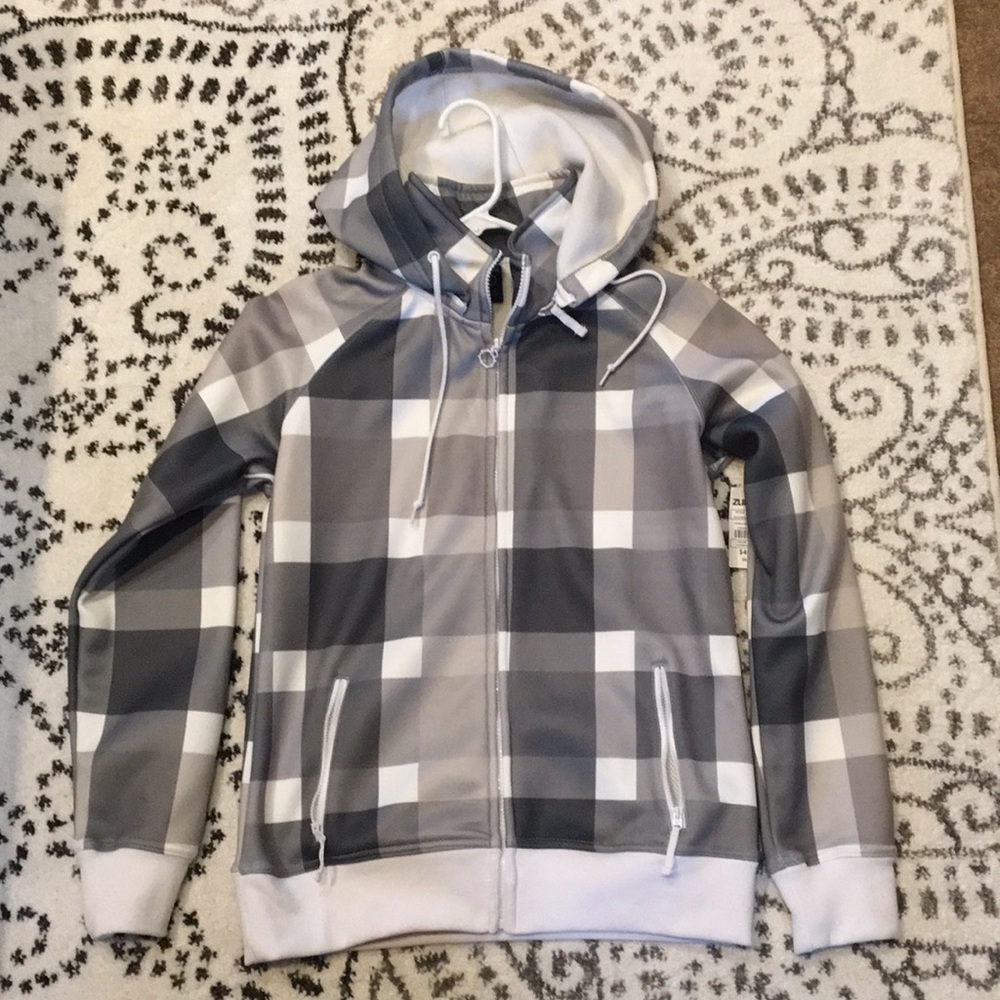 EMPYRE Full Zip Up Long Sleeve Gray Plaid Hooded Sweatshirt Women’s Size L